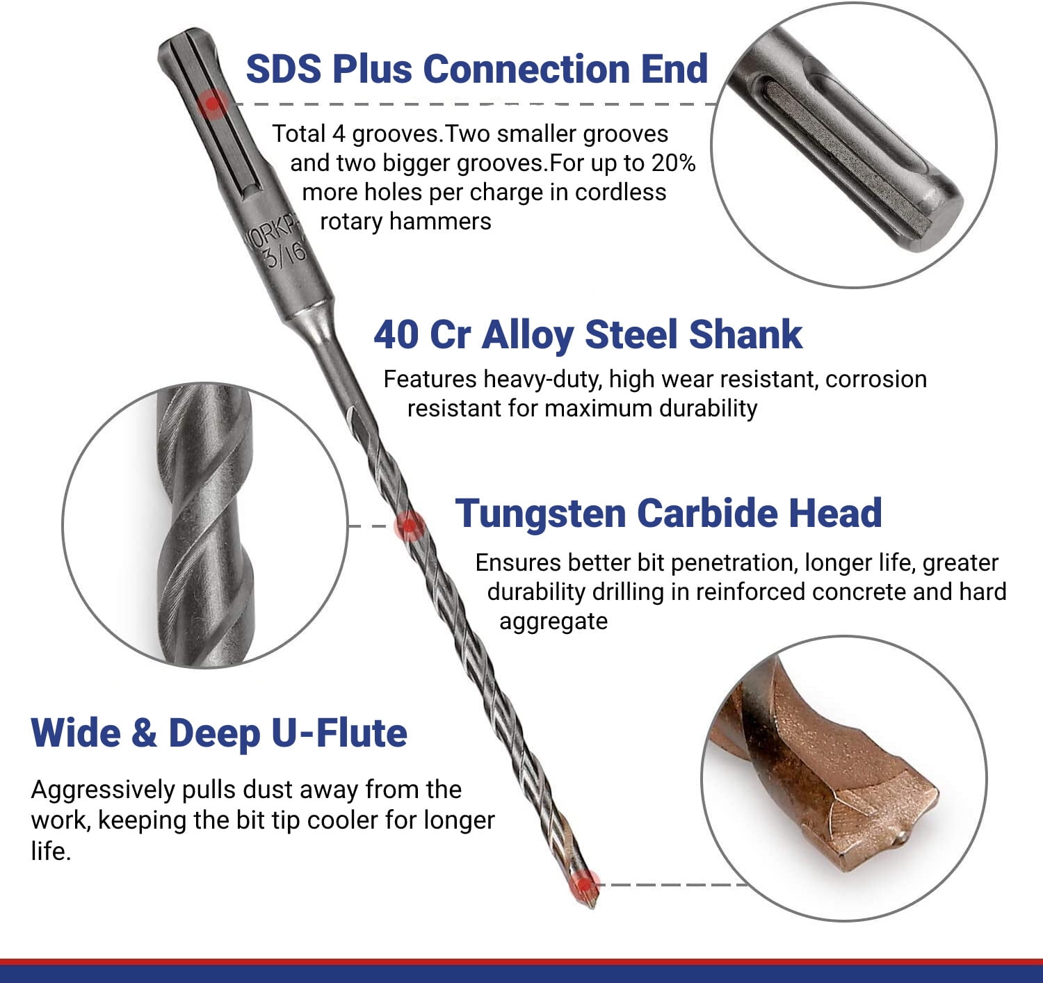 30PCS 3/16"x6" Drill Bit Set SDS Plus Rotary Hammer Concrete Masonry Carbide Tip