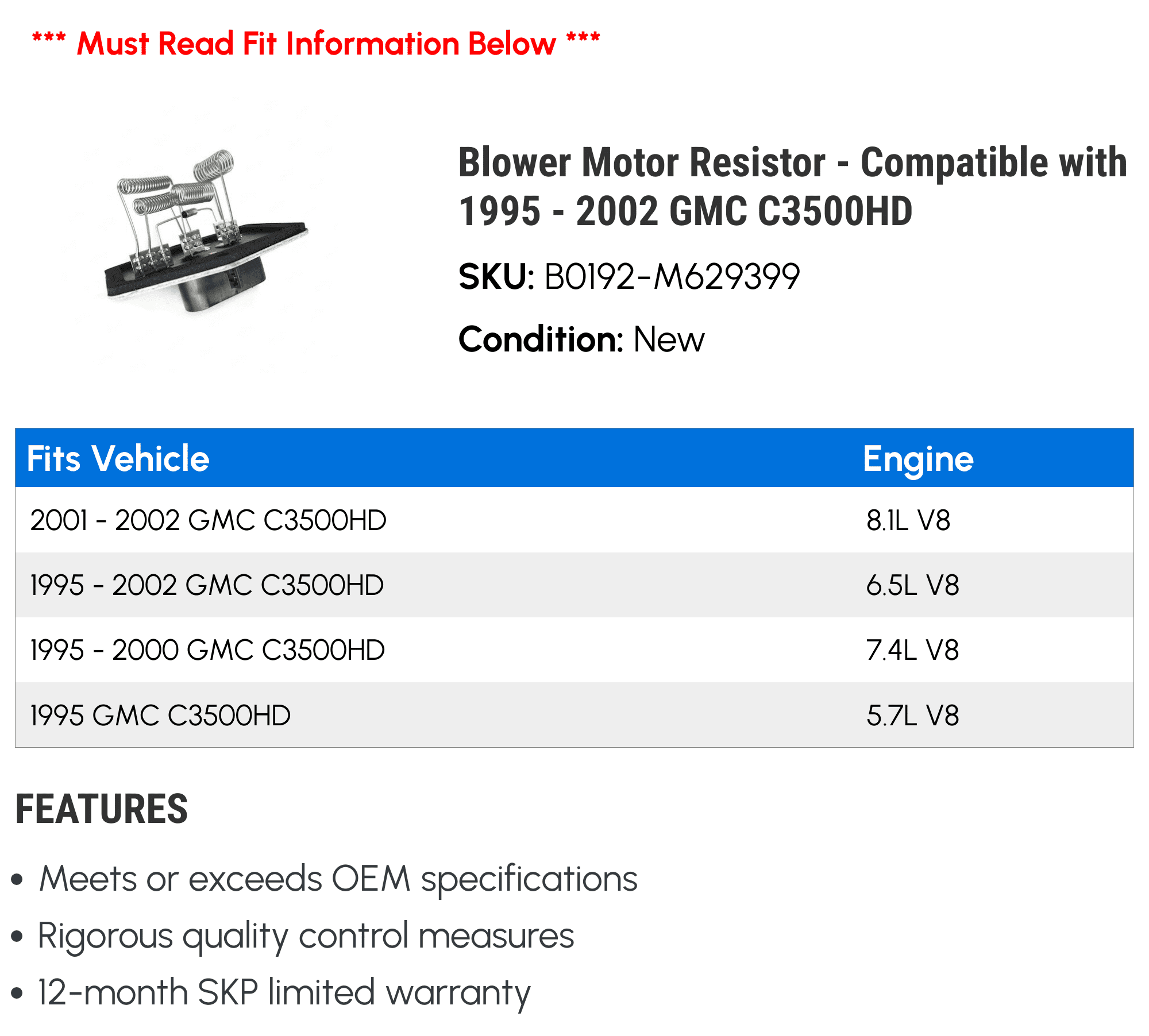 Blower Motor Resistor - Compatible with 1995 - 2002 GMC C3500HD 1996 1997 1998 1999 2000 2001