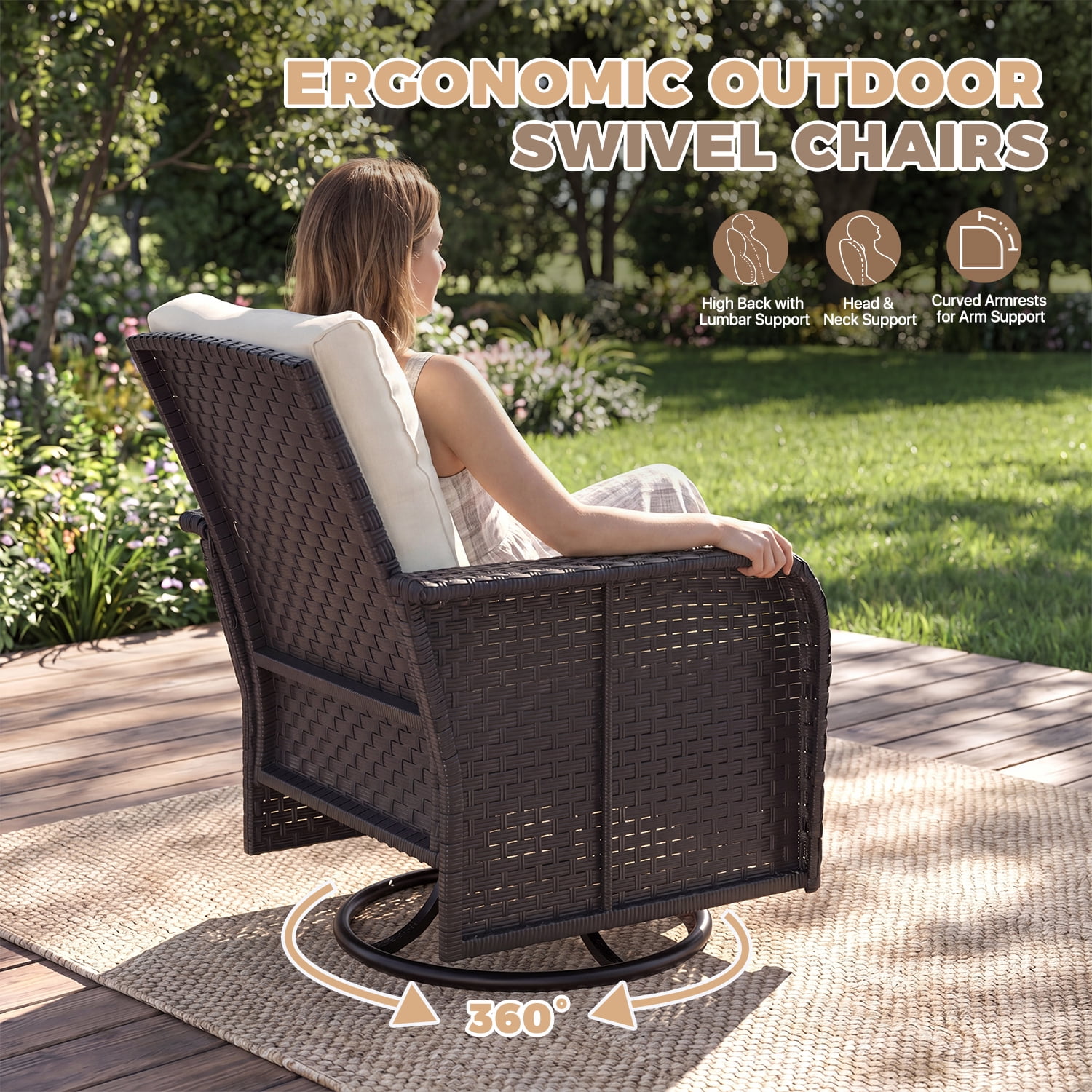 BaPiPro 7-Piece PE Wicker Patio Furniture Set with Swivel Chairs, Beige Cushions, Steel Frame & Glass Table, All-Weather for Patio, Garden & Poolside, Black Wicker