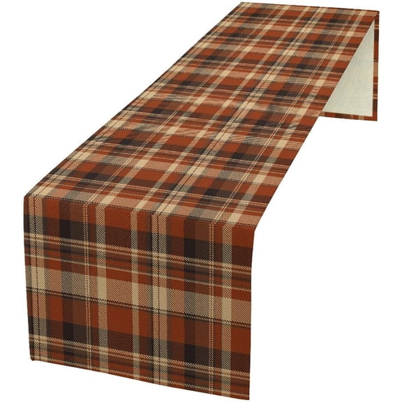 Retro Brown Plaid Table Runner, Fall Thanksgiving Harvest Checkered Pattern Print Kitchen Dinning Table Runner for Indoor Outdoor Home Wedding Party Holiday Decor, 13x36 Inch