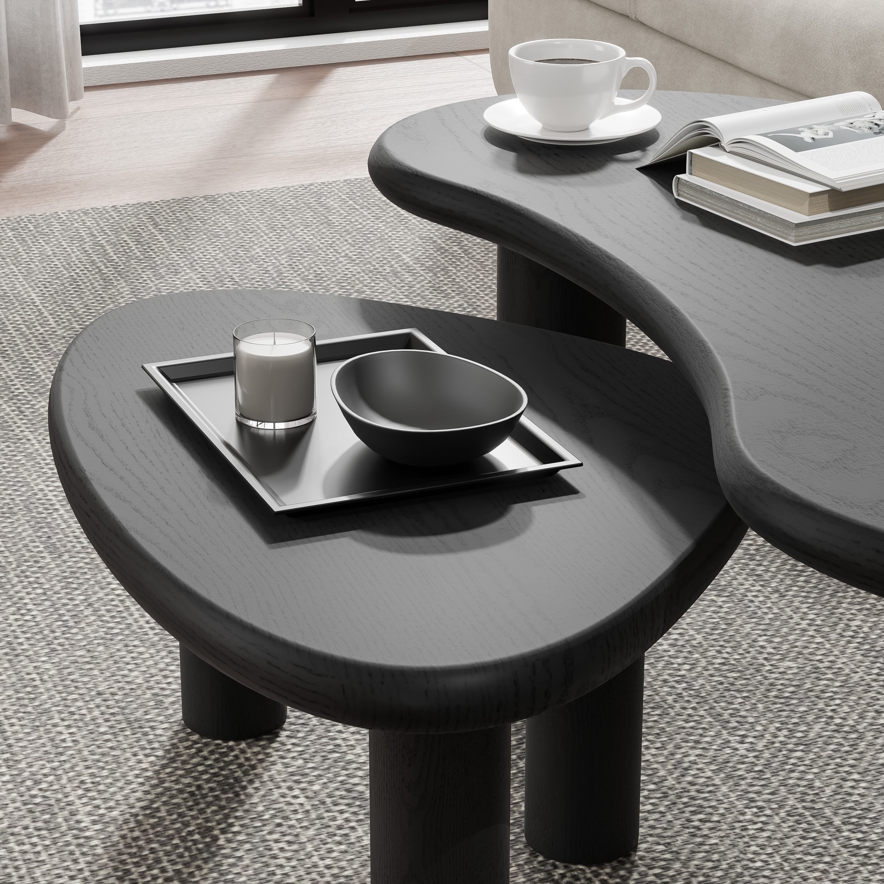 MAYEERTY 48" Cashew - Shaped Coffee Table Set, Modern Solid Wood Irregular Side Table for Living Room, Black