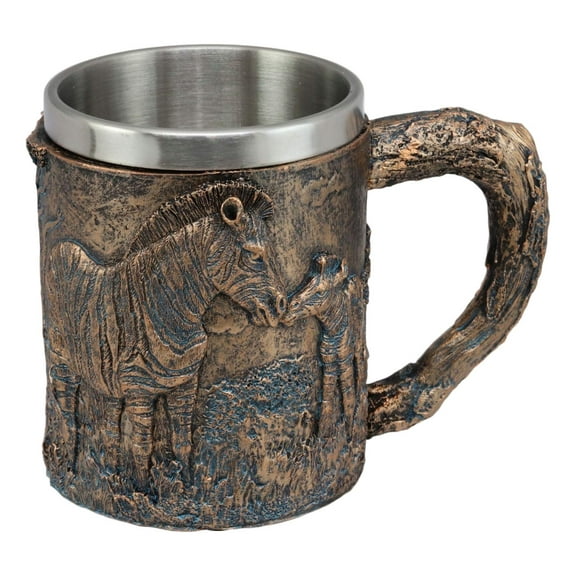Ebros Animal Totem Spirit Mug Textured With Rustic Textured Tree Bark Design In Painted Bronze Finish 12oz Drink Beer Stein Tankard Coffee Cup (Zebra Horse)