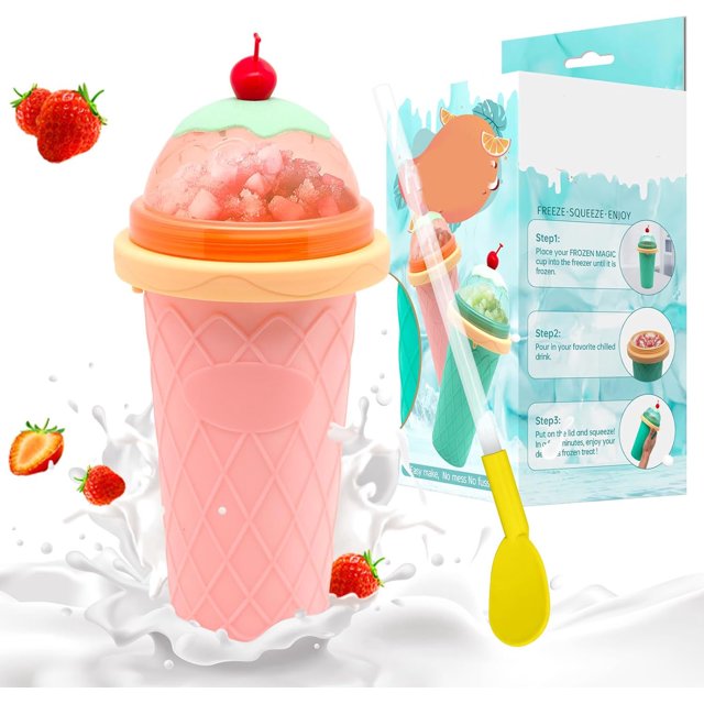 Taza de granizado, Tazas de batido con tapas y popotes, Taza de granizado para jugos, leche y helado, Fabricante portátil de granizados mágicos congelados para niños, amigos y familia (Rosa)