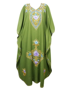Mogul Green Embellished Maxi Long Caftan Dress Kimono Sleeves Beautiful Coverup Evening Gown Resort Wear 3XL