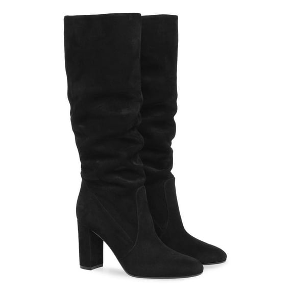 YDN Women Round Toe Knee High Boots Pull on Slouch Chunky Mid Heels Fashion Winter Daily Dress Shoes Size 7 Black