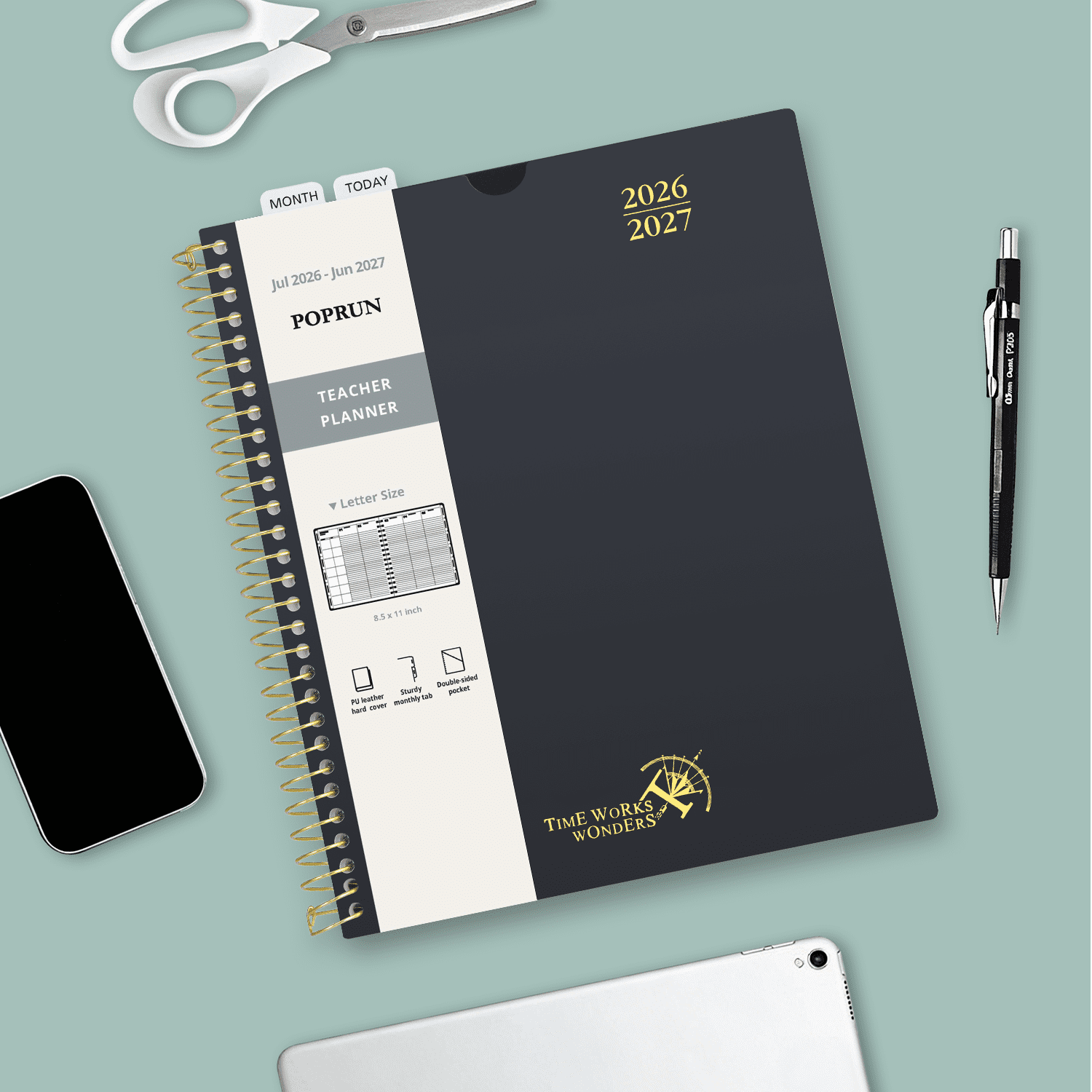 POPRUN Teacher Planner 2026-2027, 8.5"x11", Academic Lesson Plan Book for Teachers (Jul.26 - Jun.27), Weekly and Monthly with Gradebook, 2-Sided Pocket, Flexible PP Cover for Classroom, Beige