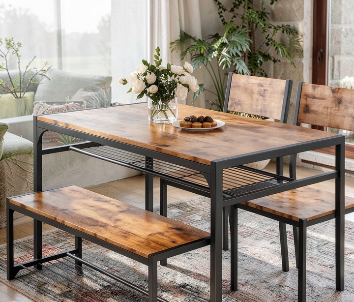 4-Piece Dining Table Set for 4, Kitchen Table with 2 Chairs & Bench, Compact Furniture for Small Space & Apartment Natural wood