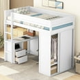 thumbnail image 3 of Euroco Wood Twin Size Loft Bed with Desk and Wardrobe, Built-in Desk with 2 Drawers, Big Wardrobe with Sliding Door and Clothes Hanger for Kids Teens Adults, White, 3 of 16