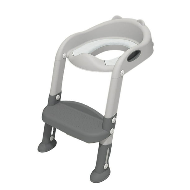Asiento de plástico con taburete y escalera antideslizante con asa y almohadilla suave, silla plegable para ir al baño para niños pequeños, niños y bebés. Gris y blanco