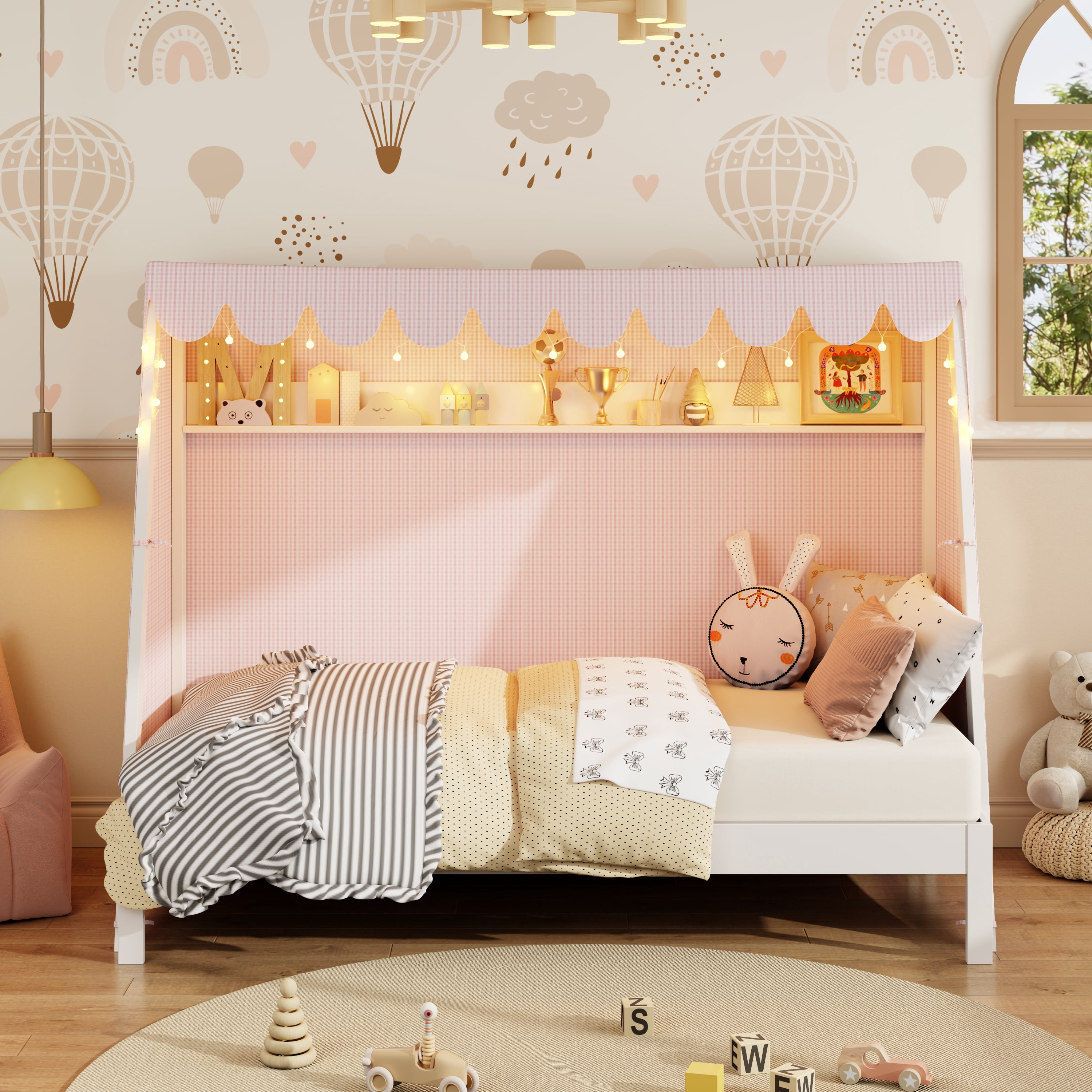 Mintazer Twin XL Platform Bed with LED Light, Trundle, Storage Shelf & Tent for Kids, White