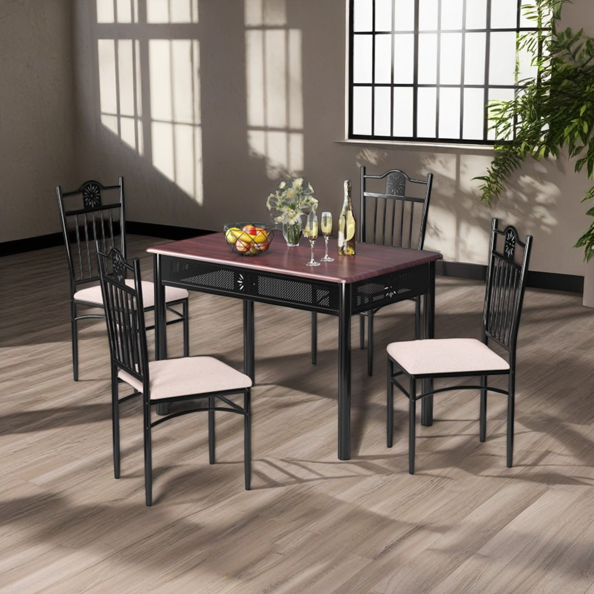 Demi Bonn Dining Set, Dining Table Set, 5 Pcs Dining Set Wood Metal Table and 4 Chairs with Cushions, for Home, Restaurant, Beige