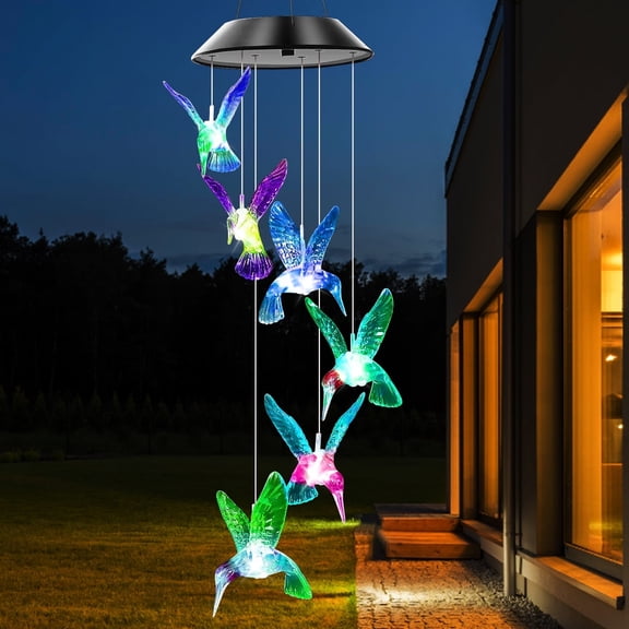 Rirool Solar Hummingbird Wind Chime, Color Changing LED Outdoor Hanging Decoration, Waterproof Solar Powered Wind Chime with 6 Lighted Hummingbirds for Garden, Patio, Porch and Yard