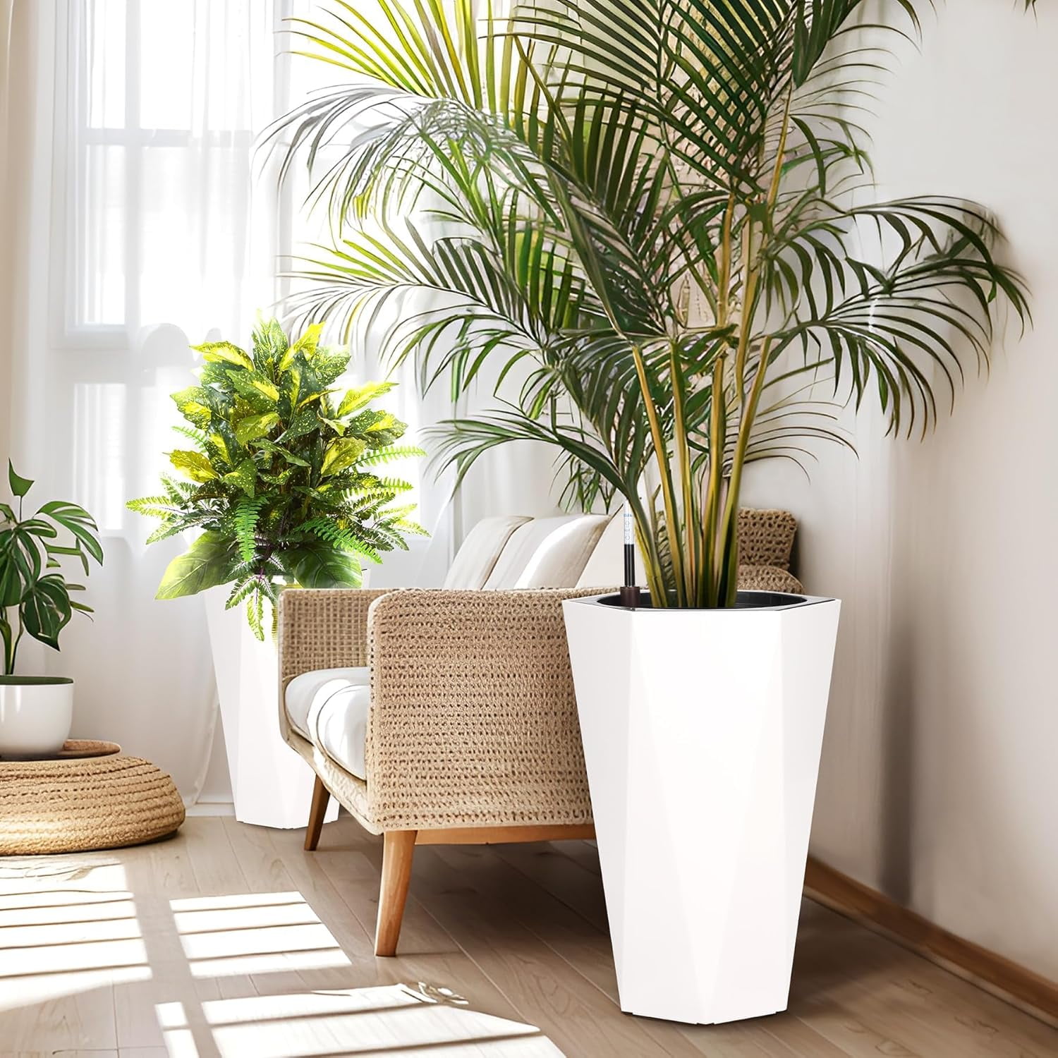 QinaQin 2PC 22.4Inch Self Watering Planters,Tall Diamond Plastic Flower Pots with Inner Bucket,Trays & Water Level Monitor,Indoor Outdoor Planters for Indoor Outdoor,White
