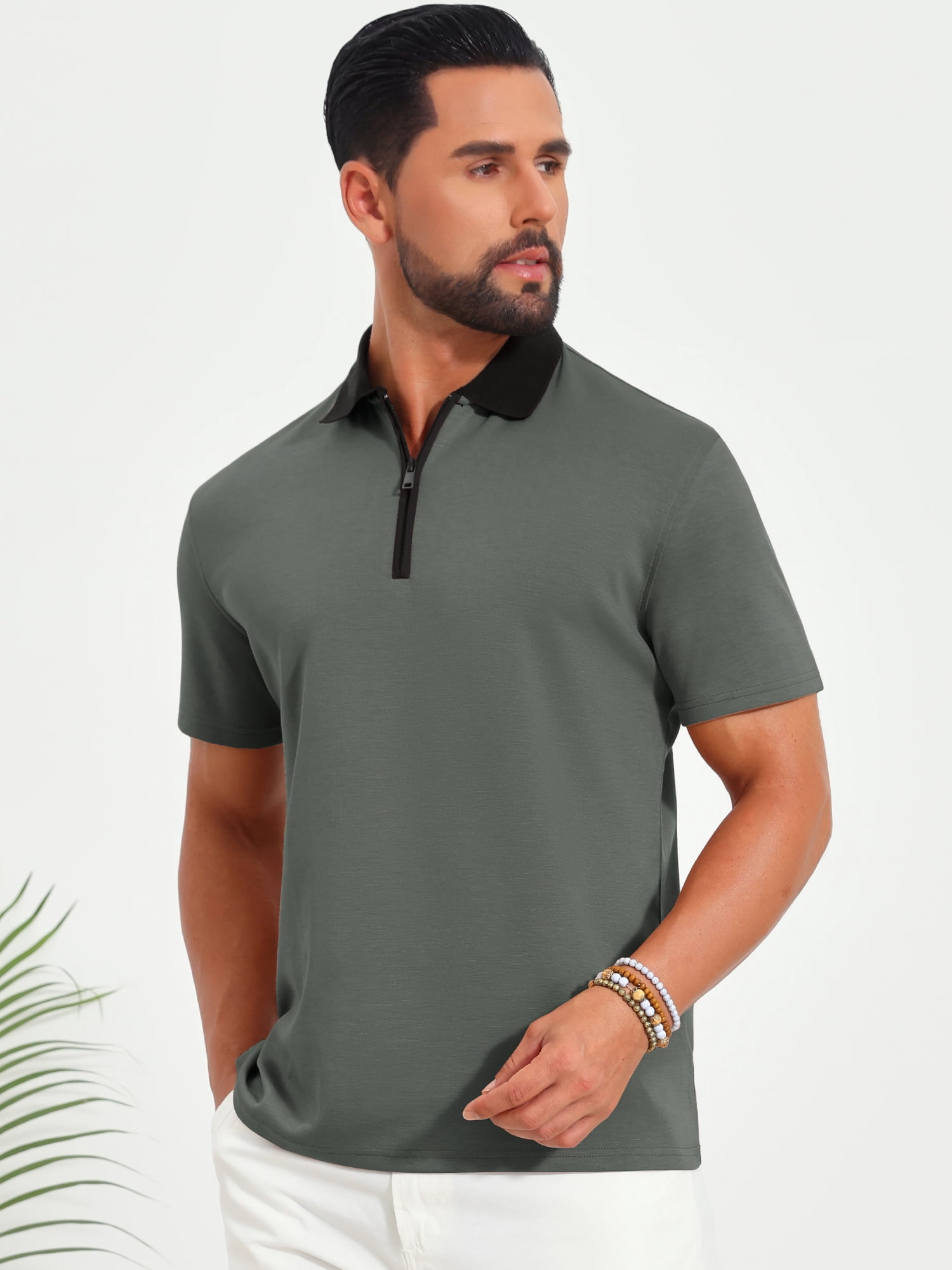 DARING DIVA Men's Zipper Closure Colorblock Short Sleeve Basic Polo Shirt M Dark Gray