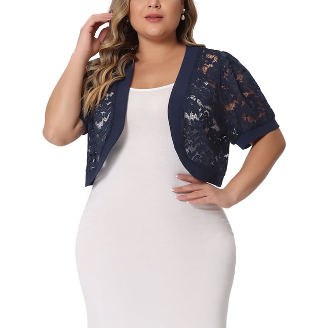 Cárdigans cortos de mujer de talla grande Agnes Orinda, con frente abierto, mangas cortas, encaje floral y boleros transparentes 4X azul marino