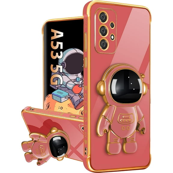 For Samsung A53 5G Case with Astronaut Stand, Women Girls Galaxy A53 5G Cases, Girly Cute 6D Outer Space Heart Pattern Phone Cover for Samsung Galaxy A53 5G Case 6.5 Inch Red