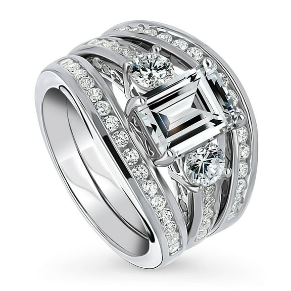 BERRICLE Sterling Silver 3-Stone Wedding Engagement Rings 2.1 Carat Emerald Cut Cubic Zirconia CZ Ring Set for Women, Rhodium Plated Size 4.5
