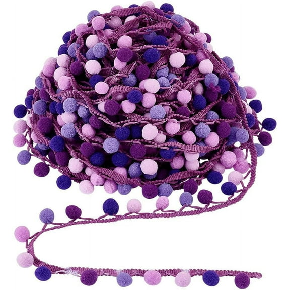 6.5 Yards Purple Pom Poms Fringe Trim Polyester Lace Party Celebratory Decorative 25mm Wide 21.34m Long Style Solid Pattern