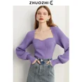 thumbnail image 2 of Elegante jersey de punto adelgazante de estilo francés Zhiyi para mujer, camiseta de manga farol adelgazante de otoño 2024 que suaviza la silueta, 2 of 4