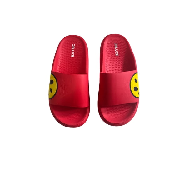 Indoor/Outdoor Red Slippers with Smiley Face - US Adult Size 4