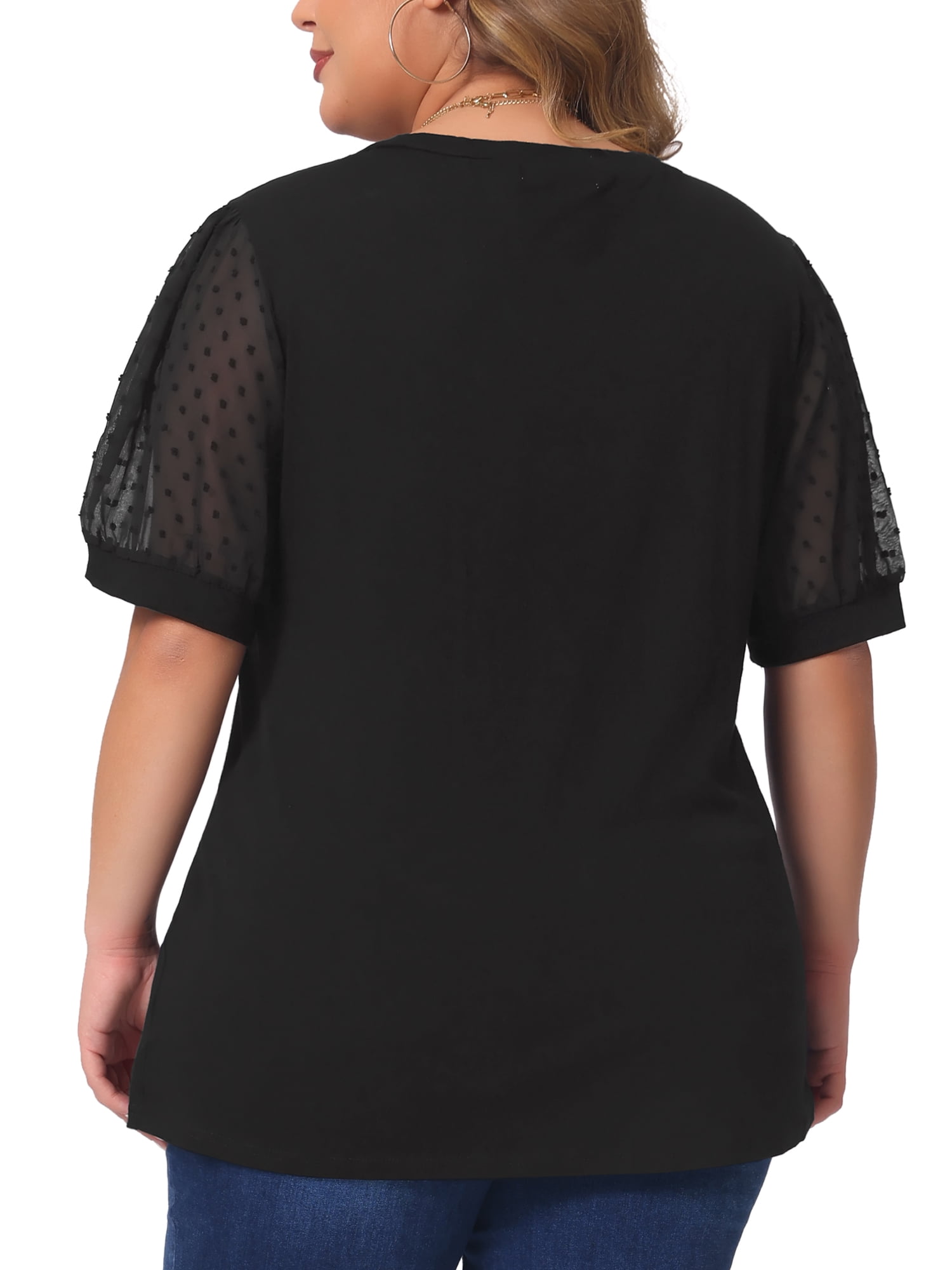 Women's Plus Tops V Neck Swiss Dots Puff Sleeve Casual Blouse Shirt 4X Black