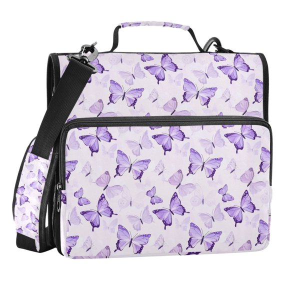 Zipper Binder Purple Butterflies 1.5 Inch Binder Folder Bag with Shoulder Strap and Handle
