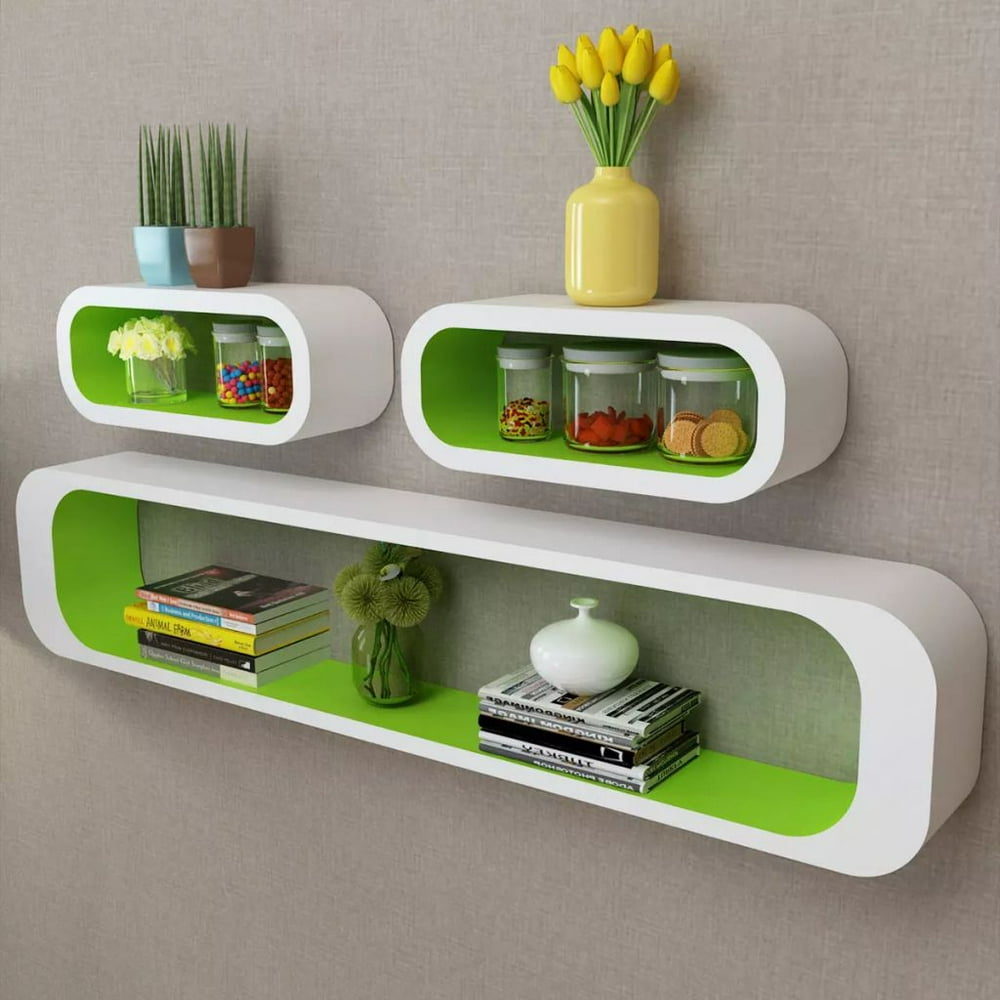vidaXL 3 WhiteGreen MDF Floating Wall Display Shelf Cubes Book/DVD