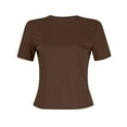 thumbnail image 4 of 3 Pack Short Sleeve Crop Tops For Women Graphic Y2k Teen Girls Cute Tight Shirt Slim Fitted Workout Thermal Athletic Basic Tee Outfit Crew Neck Layering Juniors Tops Brown S, 4 of 6