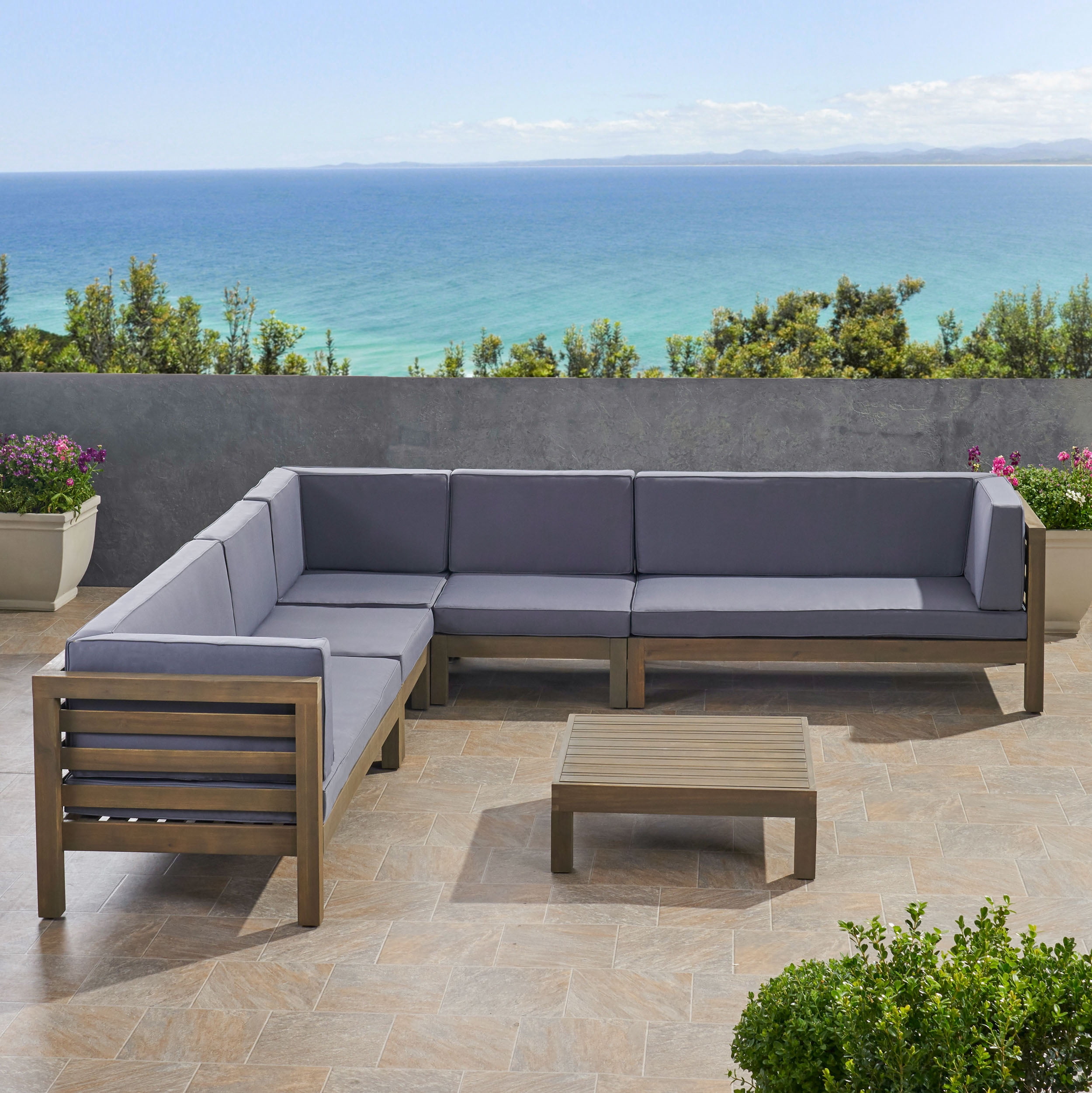 Frankie Outdoor 7 Seater Acacia Wood Sectional Sofa Set, Gray and Dark Gray