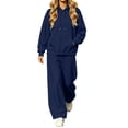 thumbnail image 3 of Women Two Piece Set Long Sleeve Loose Hooded Sweatshirt Solid Color Drawstring Elastic Waist Wide Leg Curved Pants Tracksuit Casual Daily Sports Outfit, 3 of 7