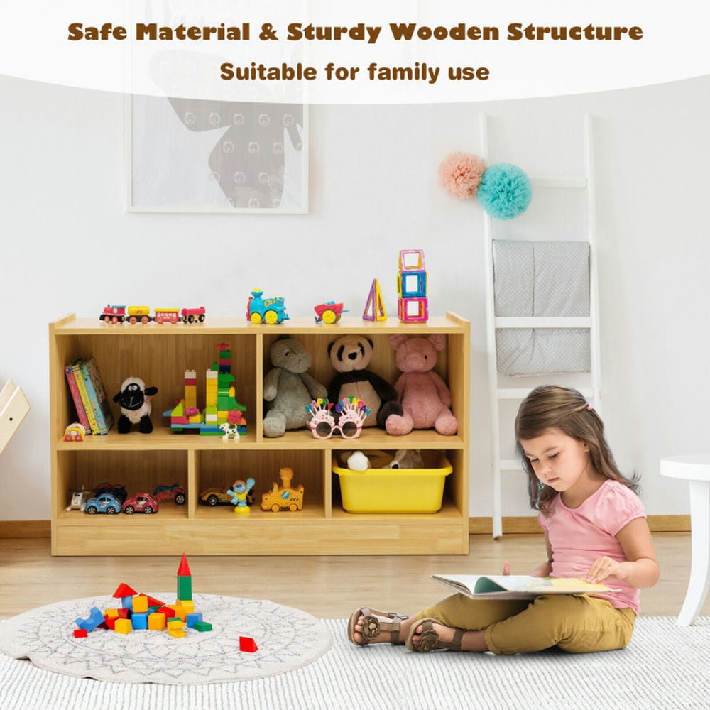 Topcobe Kids 2-Shelf Bookcase 5-Cube Wood Toy Storage Cabinet Organizer, Kids Toy Storage Organizer-Beige