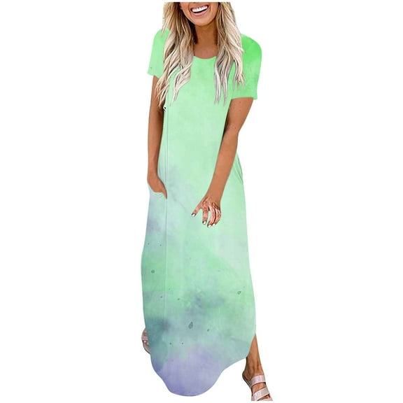 Women Summer Casual T-Shirt Dress Crewneck Sundress Aline Flowy Maxi Long Beach Dress Vacation Outfits Green L
