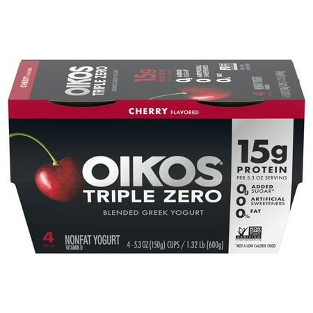 product image of Oikos Triple Zero 15g Protein, Nonfat Cherry Greek Yogurt Cups, 5.3 oz, 4 Count