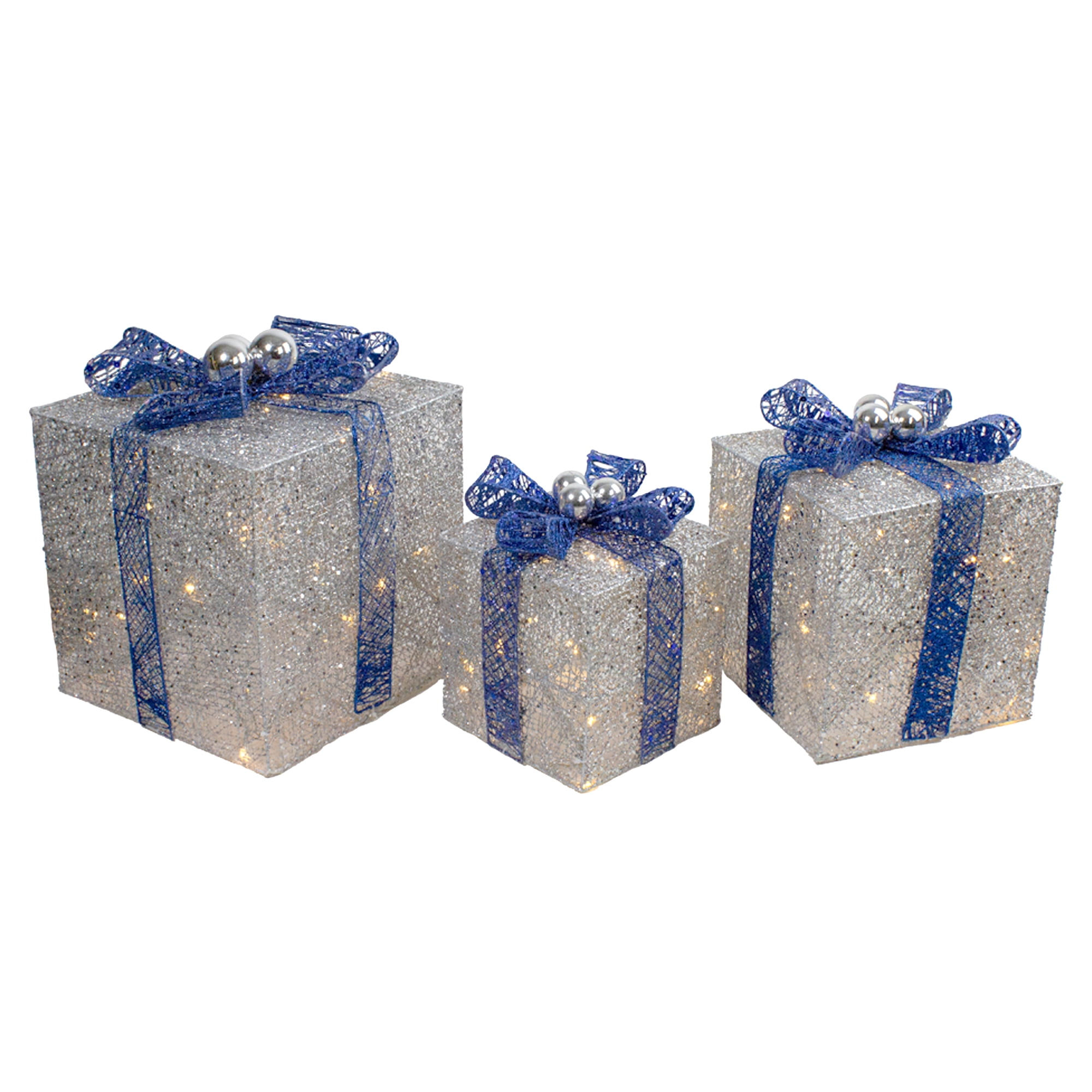 Set of 3 Lighted Silver and Blue Glitter Gift Box Christmas Outdoor