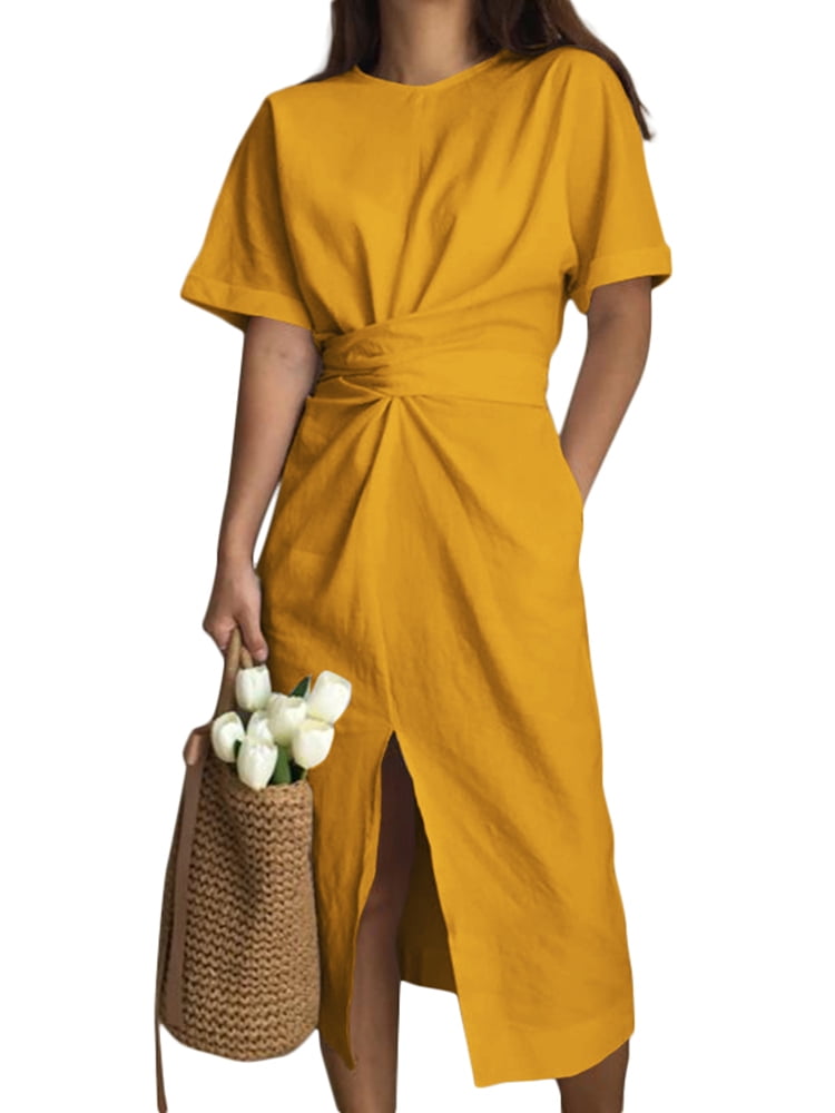 VONDA Women Plus Size Knotted Waist Short Sleeve Pockets Cotton Midi