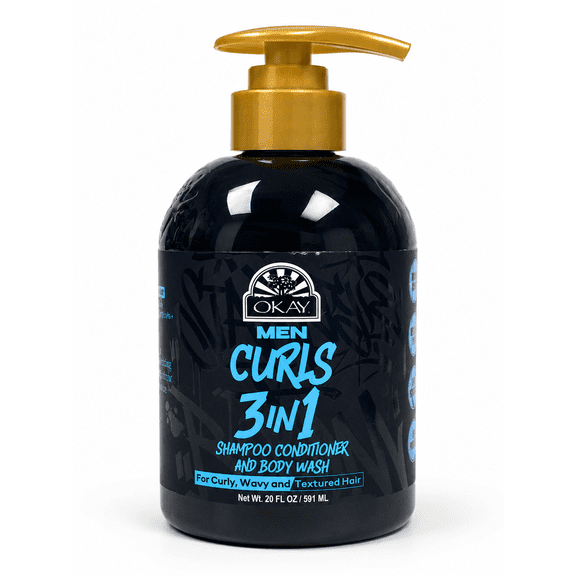 OKAY Men's Curls 3-in-1 Hydrating Shampoo, Body Wash, and Conditioner for Men, 20 fl oz