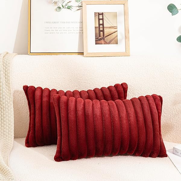 HAYAN Set of 2 Faux Fur Plush Christmas Red Decorative Throw Pillow Covers Fuzzy Striped Soft Pillowcase Cushion Covers for Sofa Couch Bedroom 12x20 inch 30x50 Cm Burgundy Red