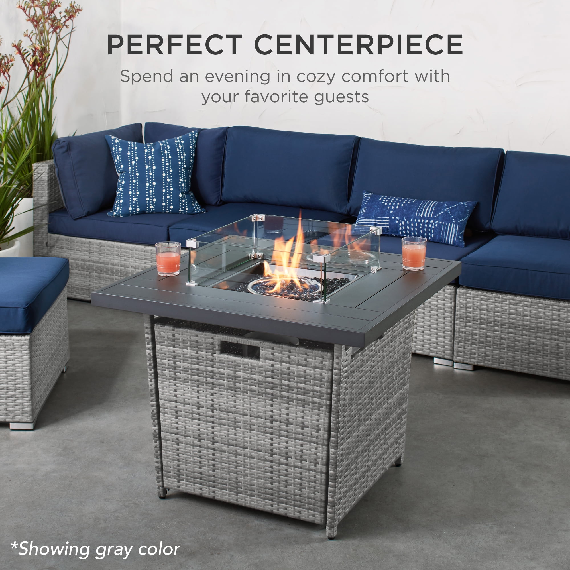 Aluminum Frame&PE Rattan Black Tempered Glass Tabletop & Blue Glass Stone 50,000 BTU Auto-Ignition Gas Firepit with Glass Wind Guard U-MAX 32in Outdoor Propane Gas Fire Pit Table CSA Certification 