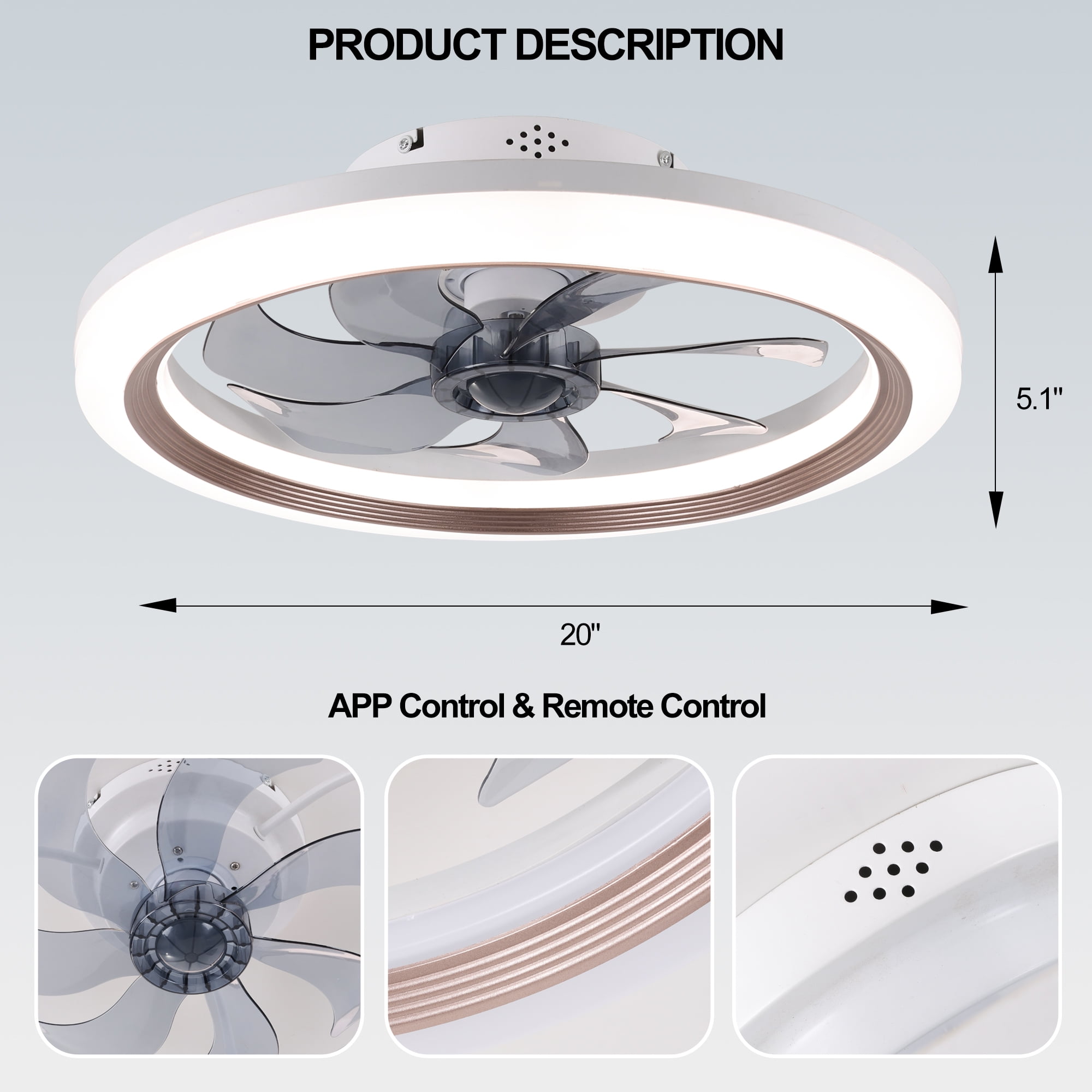 LISUNAR Ceiling Fans with Lights,20" Low Profile Ceiling Fan with Light,Dimmable LED Ceiling Fan,Modern Flush Mount Fan Light,App & Remote Control,Bladeless Ceiling Fans for Bedroom,Living Room-Brown