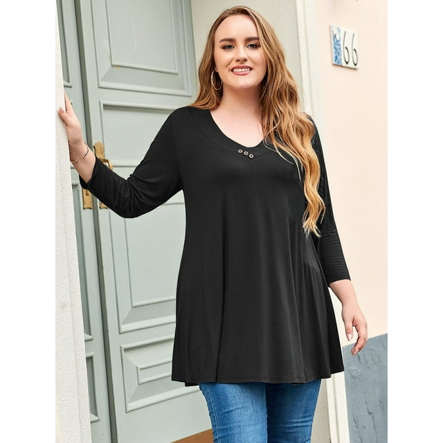 LARACE Tuniques à Fleurs pour Femmes à Manches 3/4 Chemises d'Été Décontractées Chic Blouses Hauts Noir 2X