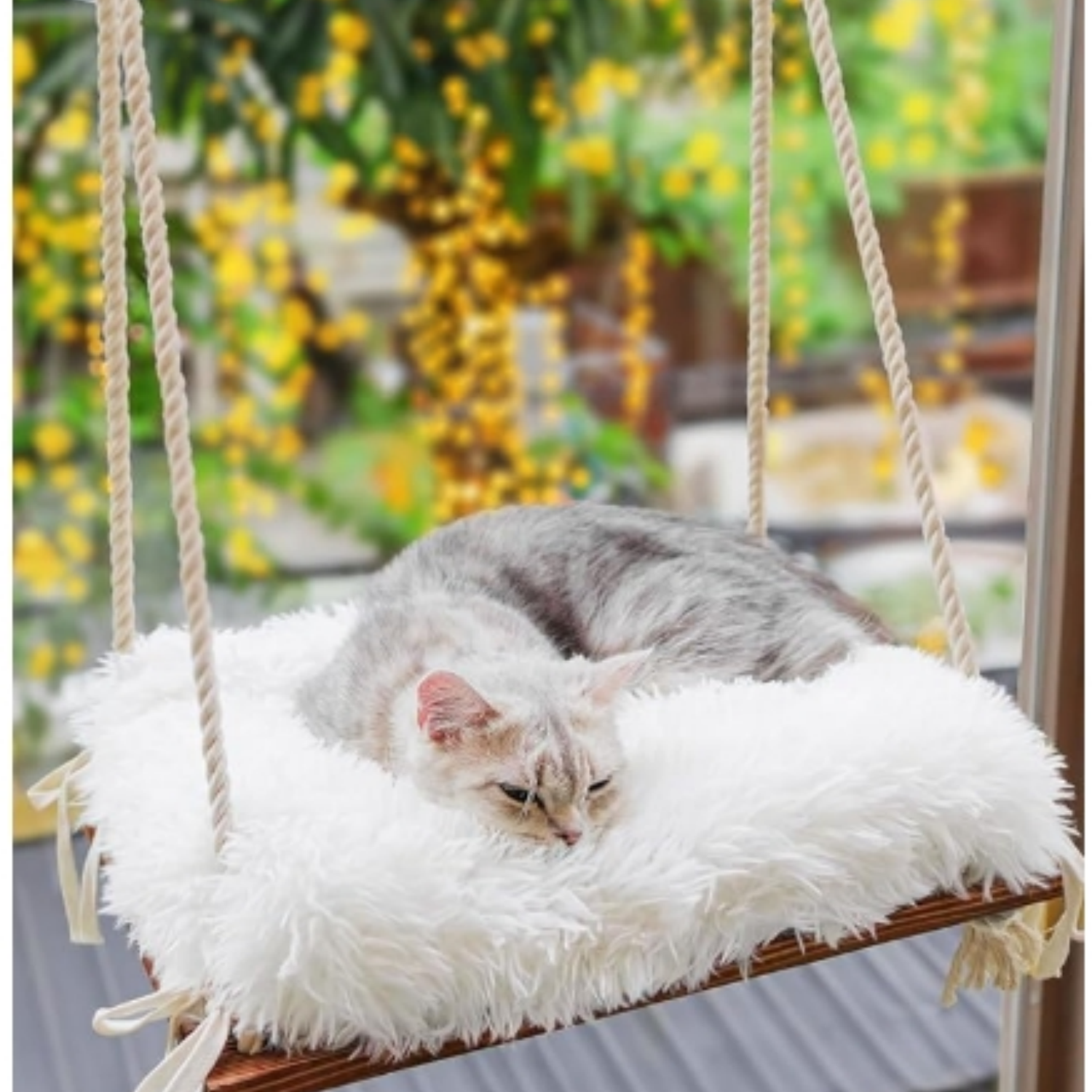 Cat Window Perch – Sturdy Cat Hammock with 4 Strong Suction Cups, Plush Faux Fur Cushion & Solid Wood Seat – Rustic Pet Bed for Indoor Cats