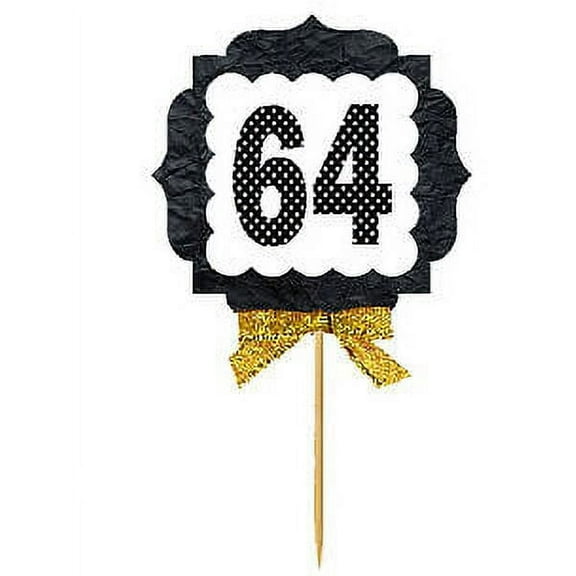 64th Birthday / Anniversary Gold Ribbon Hand Crafted Novelty Cupcake Decoration Toppers / Picks -12ct