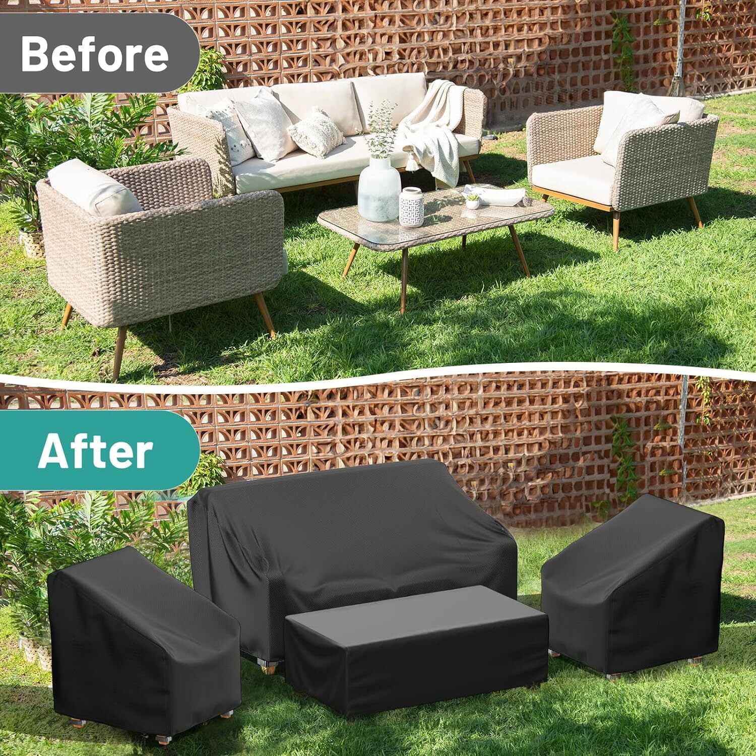 Katinyos Patio Furniture Covers, 4 Piece Outdoor Furniture Covers Waterproof, 420D Heavy Duty Tear-Resistant Patio Chair Covers with Windproof Buckle Strap and Adjustable Drawstring