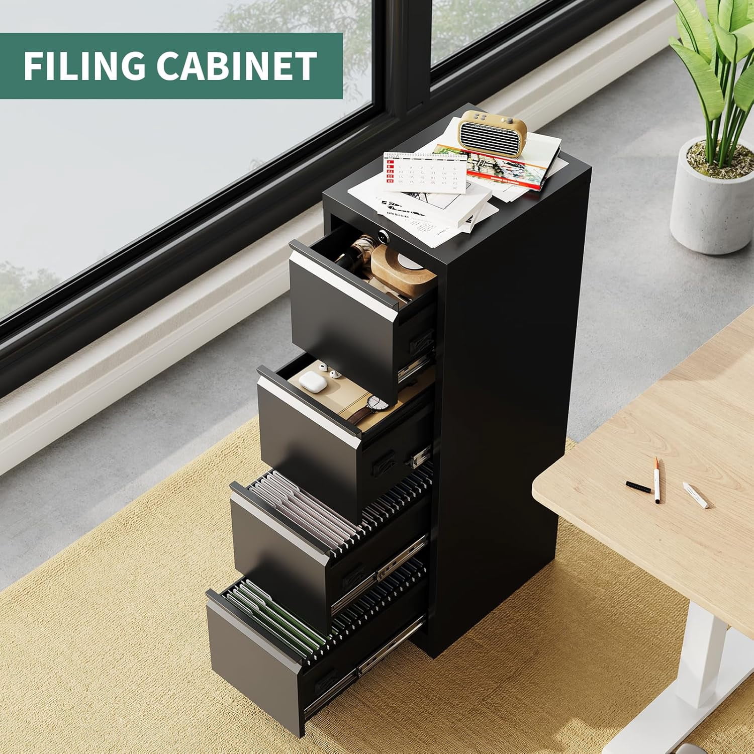 M optimized 4 Drawer File Cabinet with Lock, Metal Vertical Filing Cabinets for Home Office, Heavy Duty File Storage Cabinet, Black
