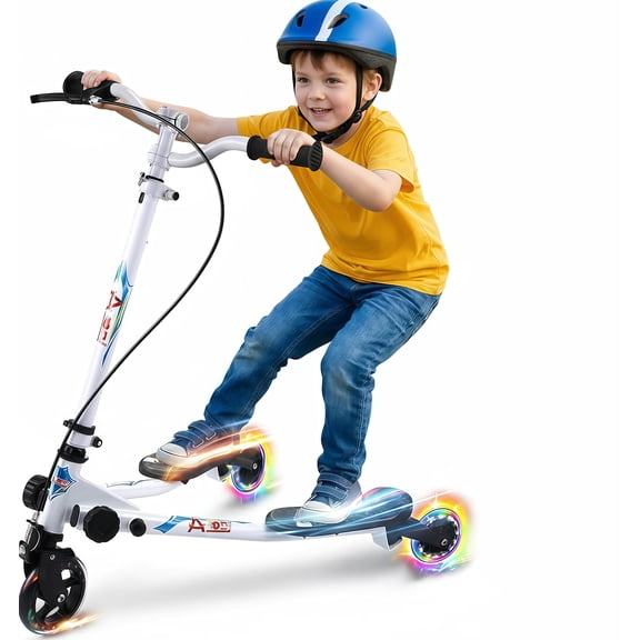 Swing Scooter for Kids, 3-Wheel Foldable Wiggle Kick Scooter with 4 Adjustable Heights, 2 Rear LED Wheels, for Boys & Girls Ages 3-8, White