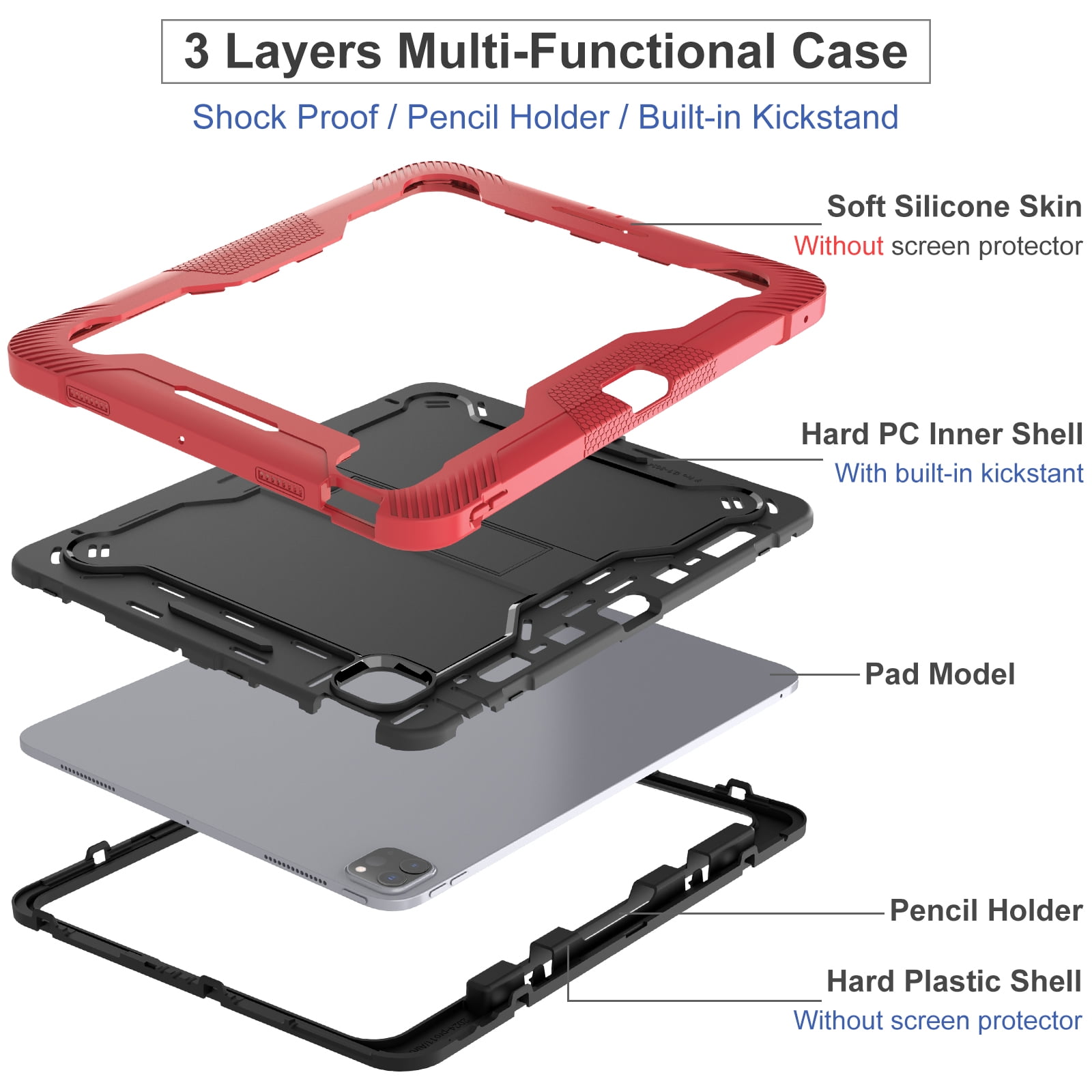 Allytechgroup Rugged Shockproof Case for Apple iPad Pro 13 M4 2024, Dual-Layers Kickstand Anti-Scratch Bumper With Pencil Holder Lightweight Kids Friendly Case Cover for iPad Pro 13" 2024, Red
