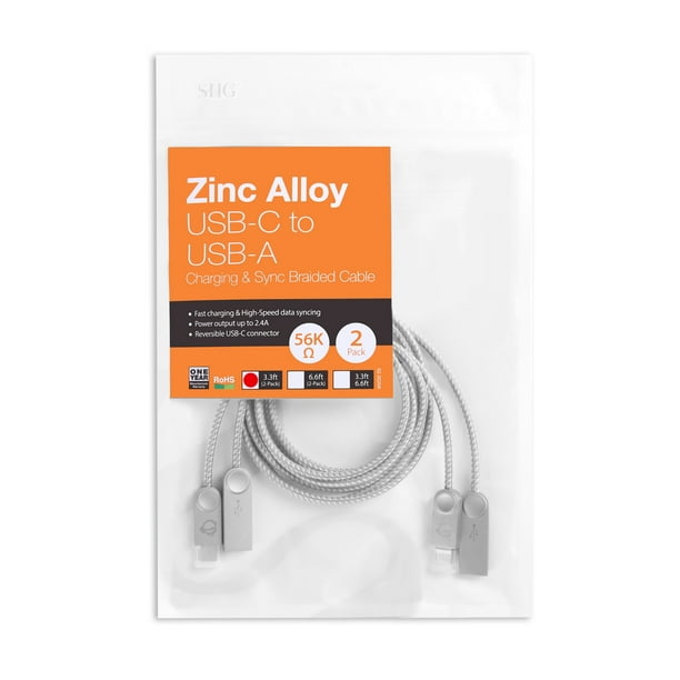 Zinc Alloy USBC to USBA Charging & Sync Braided Cable 3.3ft, 2Pack