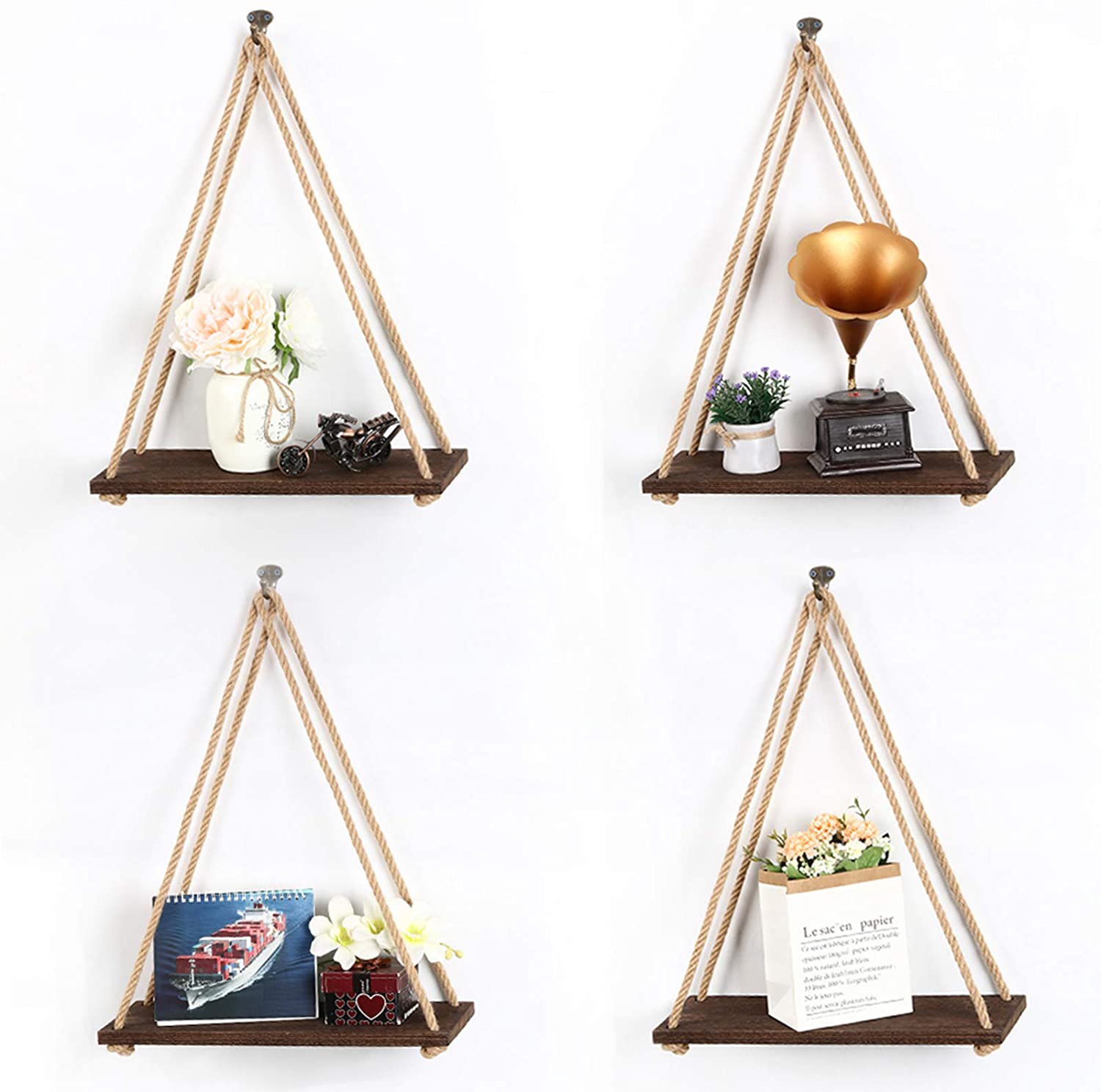 Oumilen Set of 4 Vintage Hanging Shelves Wood Rope Floating Shelves, Brown