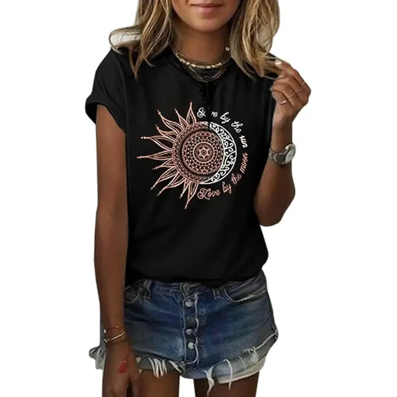 Women's Retro Celestial Sun and Moon Graphic T-Shirt Casual Short Sleeve Crewneck Summer Tee Live By The Sun Love By The Moon Bohemian Vintage Top