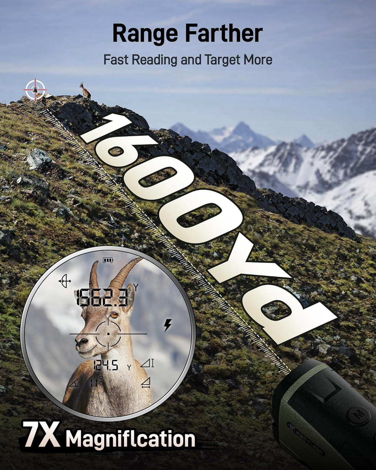 REDTIGER Range Finder for Hunting, 1600 Yards Laser rangefinder, 7X Magnification, Waterproof, Clearer and Accurate on Angle&Speed Measurement, Rechargeable for Bow Hunting, Shooting, Archery